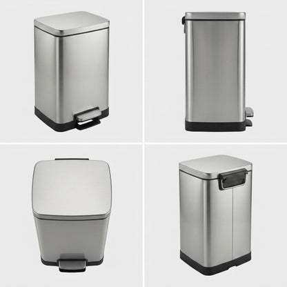 Four angles of the Tramontina 2-Gallon stainless steel step can showing front, side, and top views.