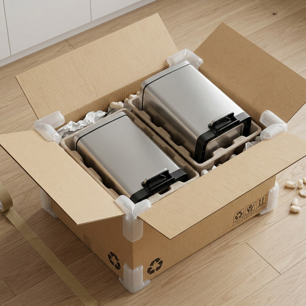 Unboxing a Tramontina 2-pack of stainless steel step cans secured in a box with protective inserts.