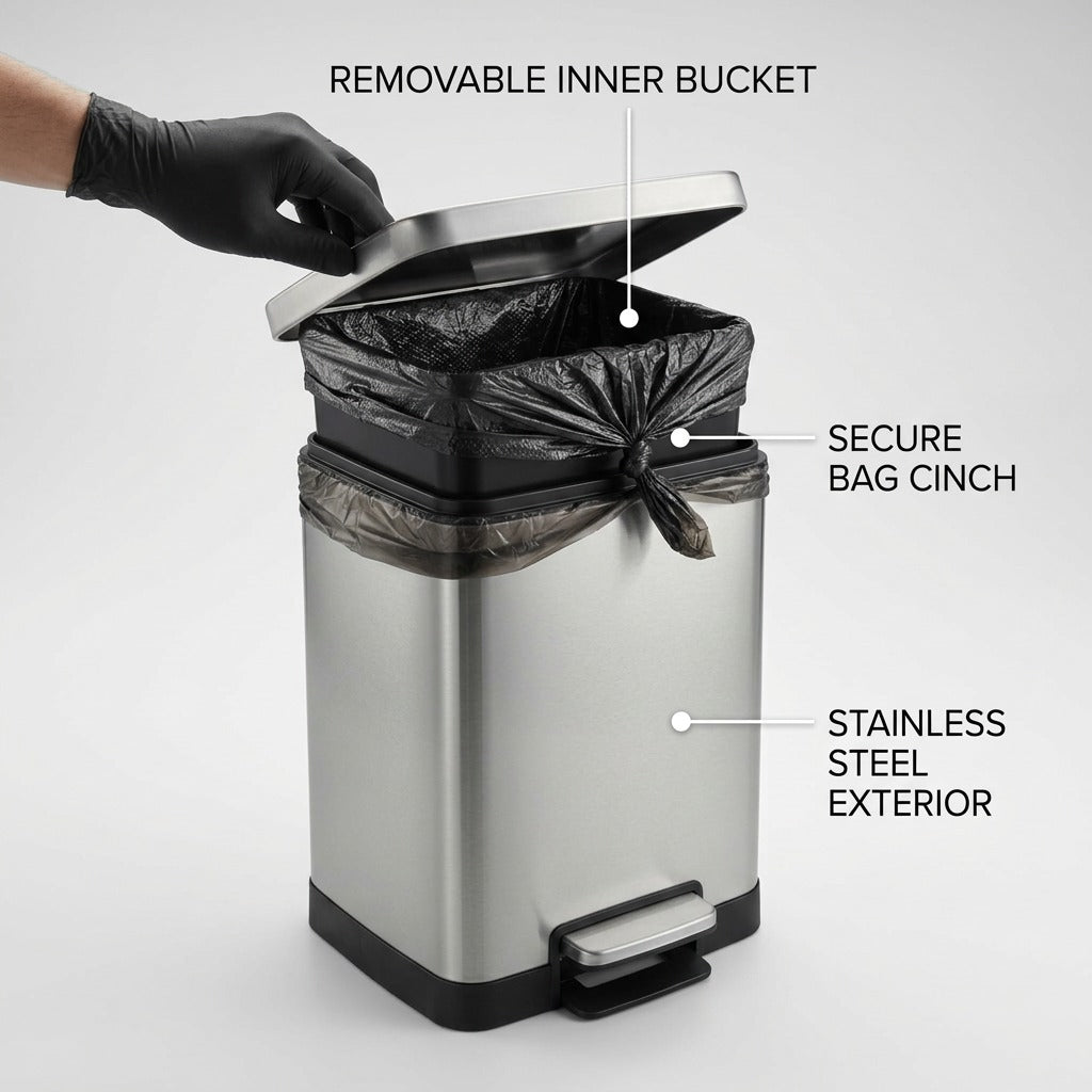 Tramontina stainless steel step can featuring a removable inner bucket, secure bag cinch, and lid.
