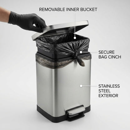 Tramontina stainless steel step can featuring a removable inner bucket, secure bag cinch, and lid.