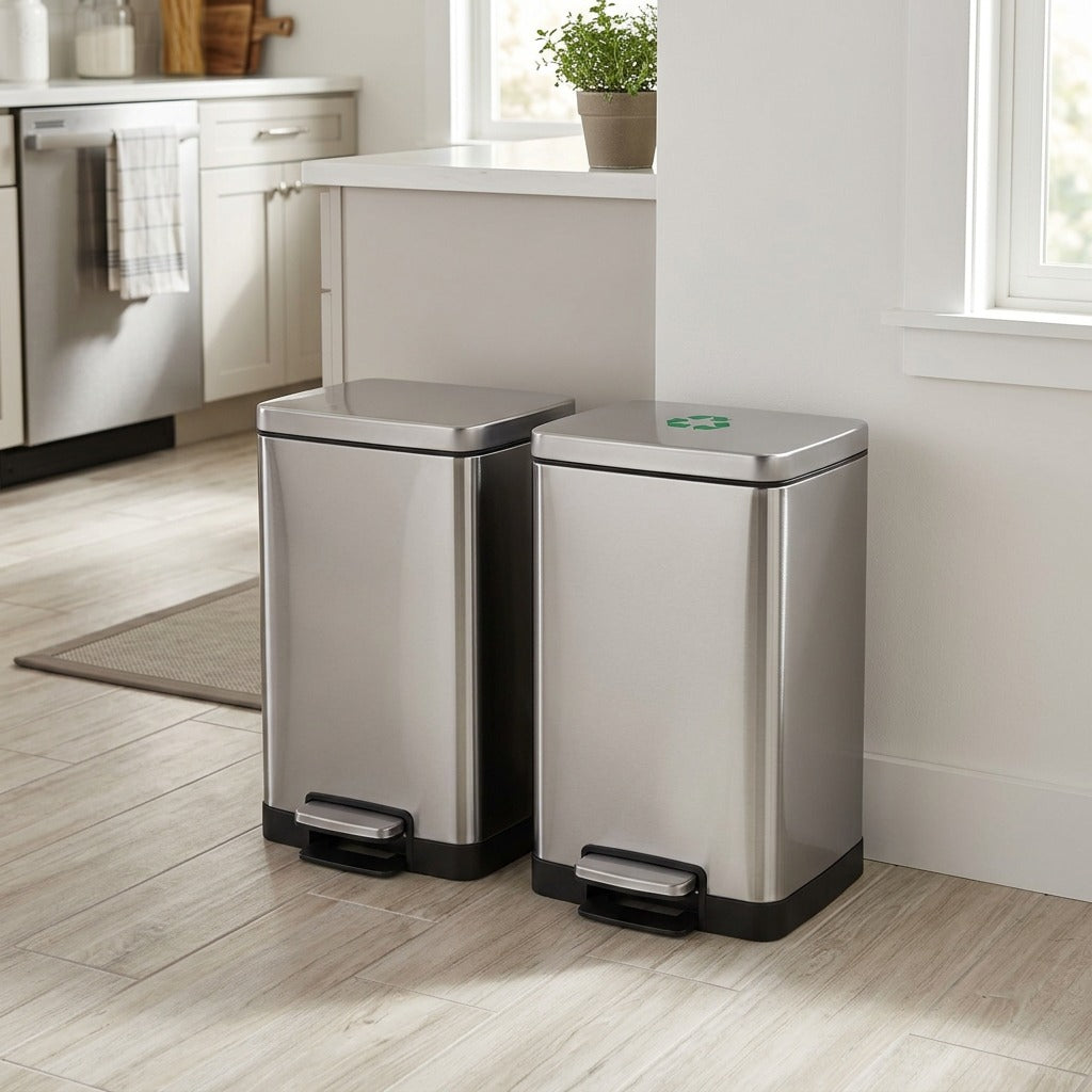 Two Tramontina 2-gallon stainless steel rectangular step cans placed side-by-side in a modern kitchen.