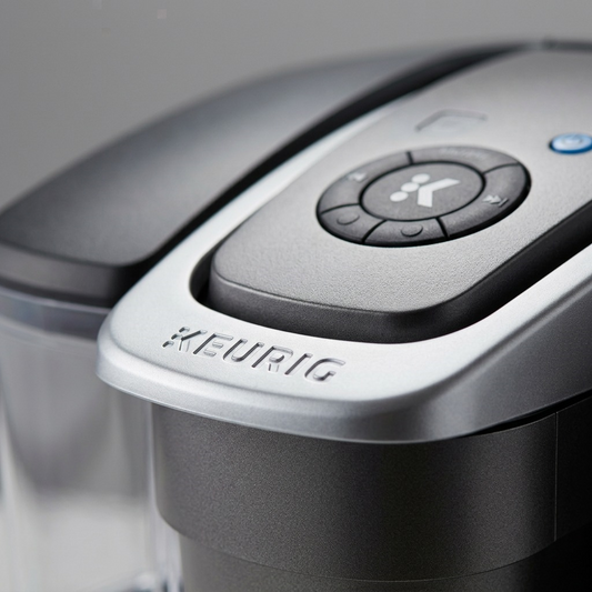 An extreme macro photograph detailing the precise textures and 'KEURIG' embossing of a commercial coffee brewer control panel.