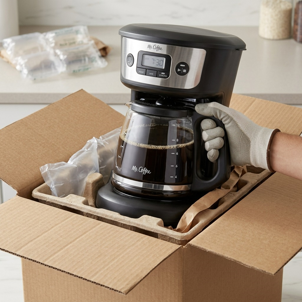 Mr. Coffee 12-Cup Programmable Coffee Maker being unboxed from a secure shipping carton.