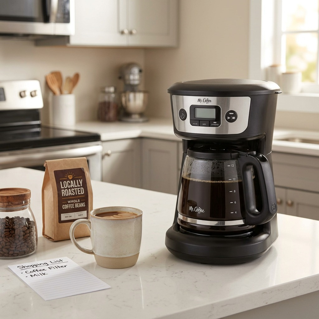 Mr. Coffee 12-cup programmable coffee maker on a kitchen counter with a full carafe and coffee mug.