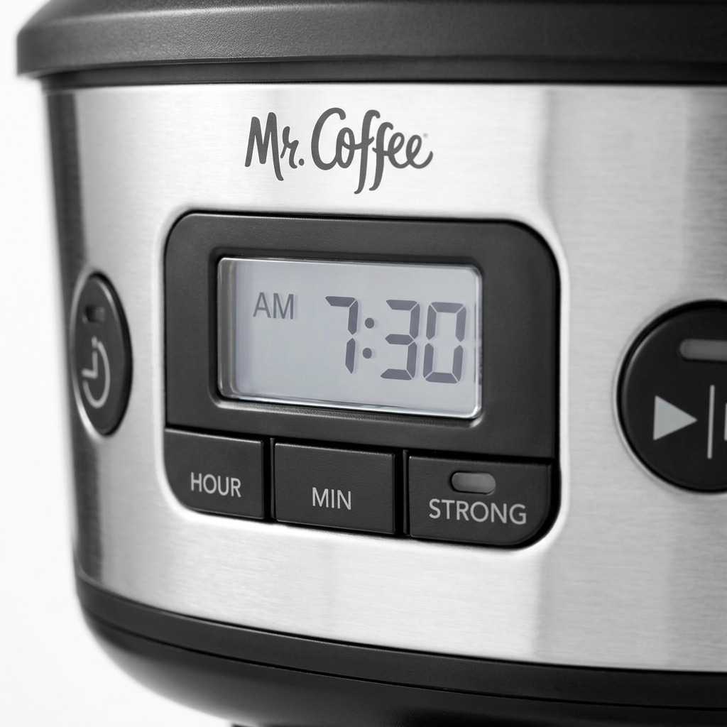 Macro view of the Mr. Coffee programmable tea/coffee maker digital clock and Strong Brew selector.