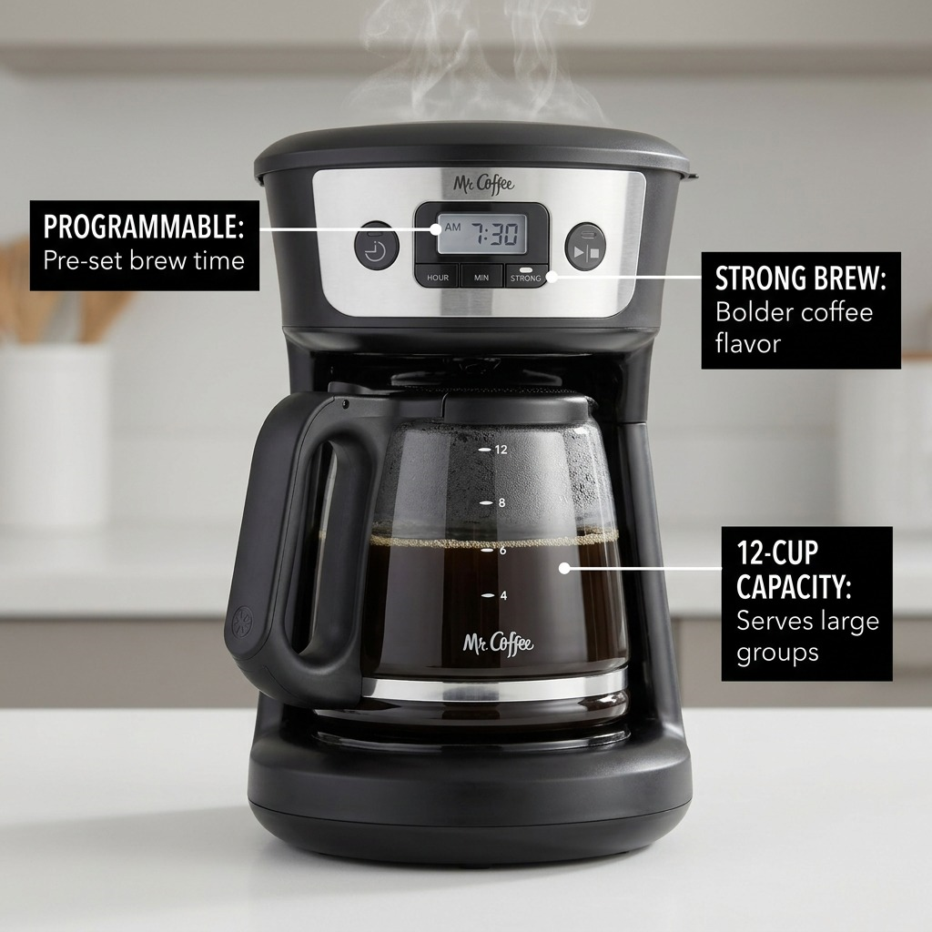 Mr. Coffee 12-cup programmable coffee maker with callouts for Strong Brew and preset timer.