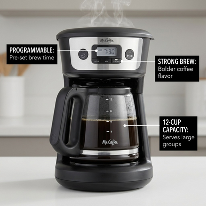 Mr. Coffee 12-cup programmable coffee maker with callouts for Strong Brew and preset timer.