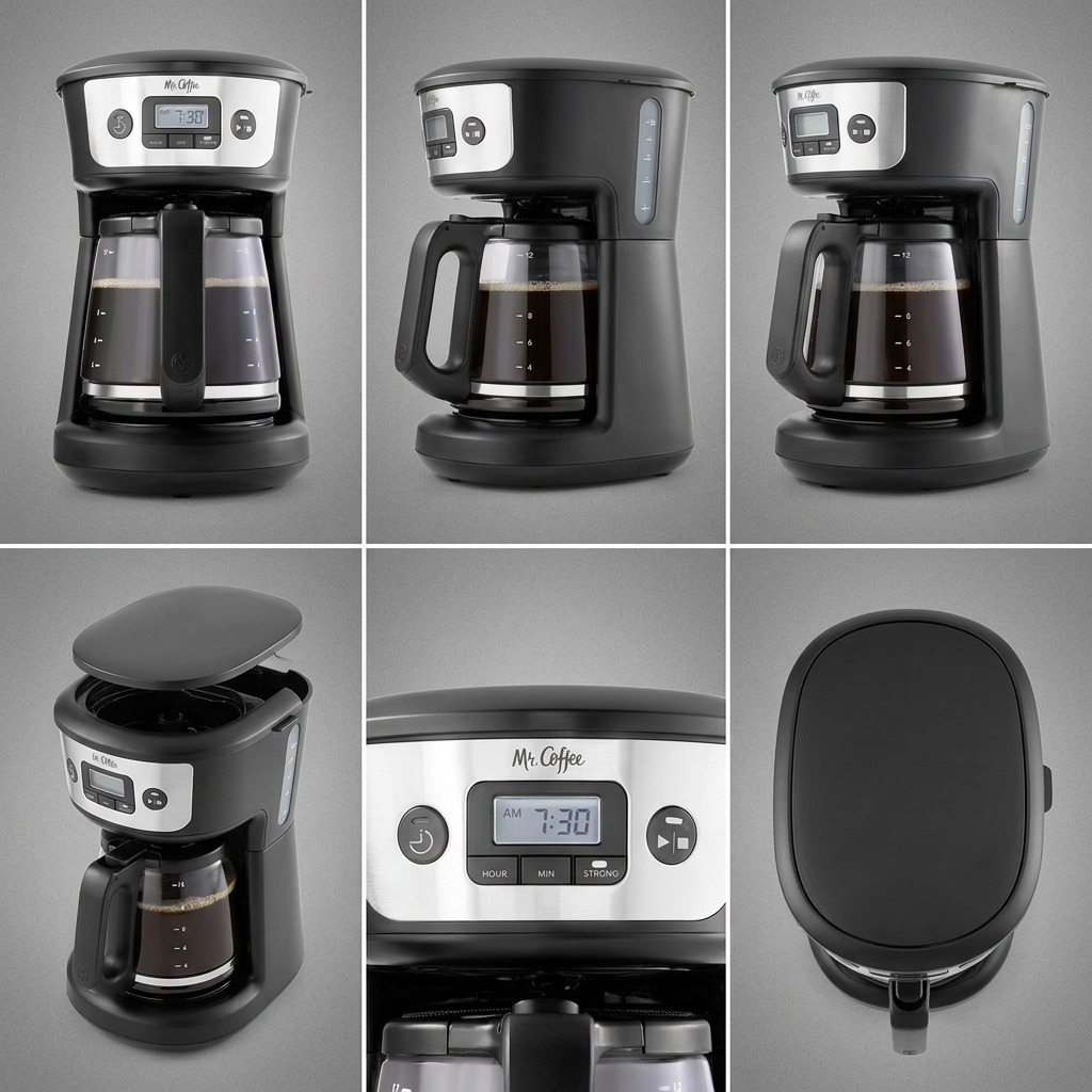 Six-panel grid of a Mr. Coffee 12-Cup Programmable Coffee Maker showing front, side, and top views.