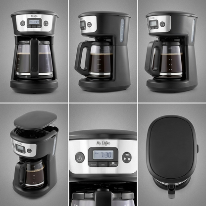 Six-panel grid of a Mr. Coffee 12-Cup Programmable Coffee Maker showing front, side, and top views.