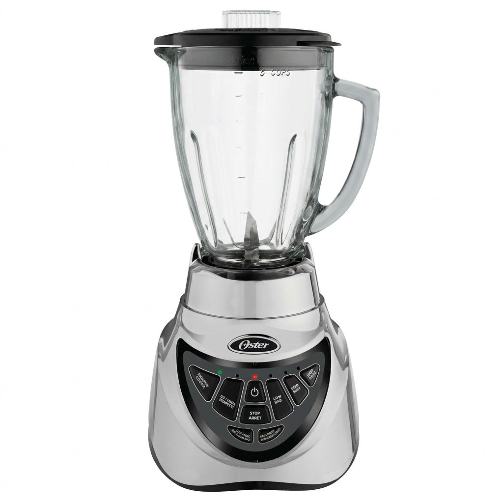 Oster Pro 500 Blender with stainless steel base, glass jar, and digital control panel.