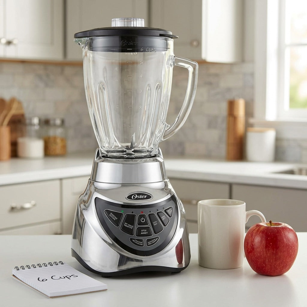 Oster Pro 500 Blender placed on a kitchen counter next to an apple and coffee mug for scale.
