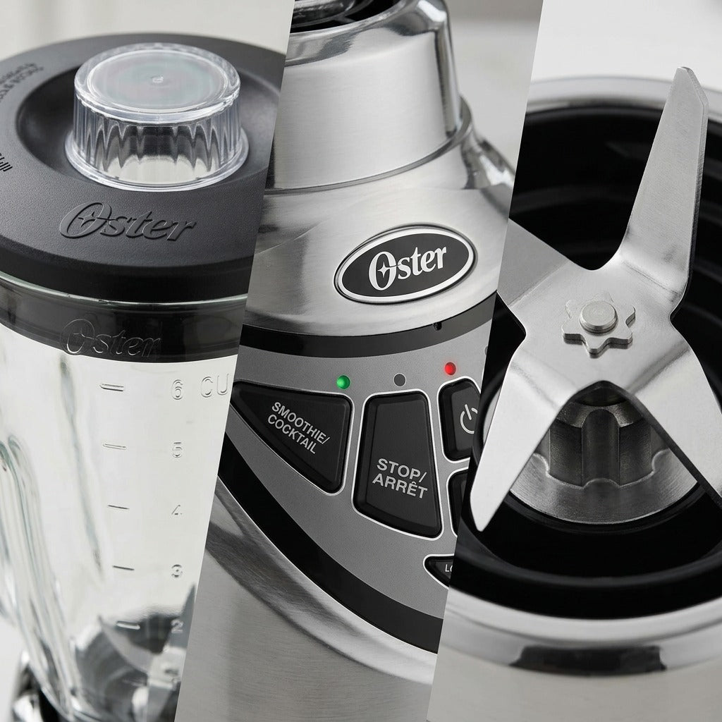 Macro details of Oster Pro 500 Blender showing Boroclass jar, control panel, and stainless blades.