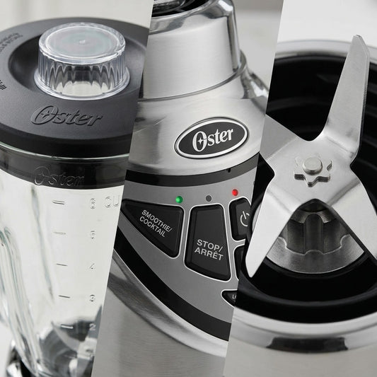 Macro details of Oster Pro 500 Blender showing Boroclass jar, control panel, and stainless blades.
