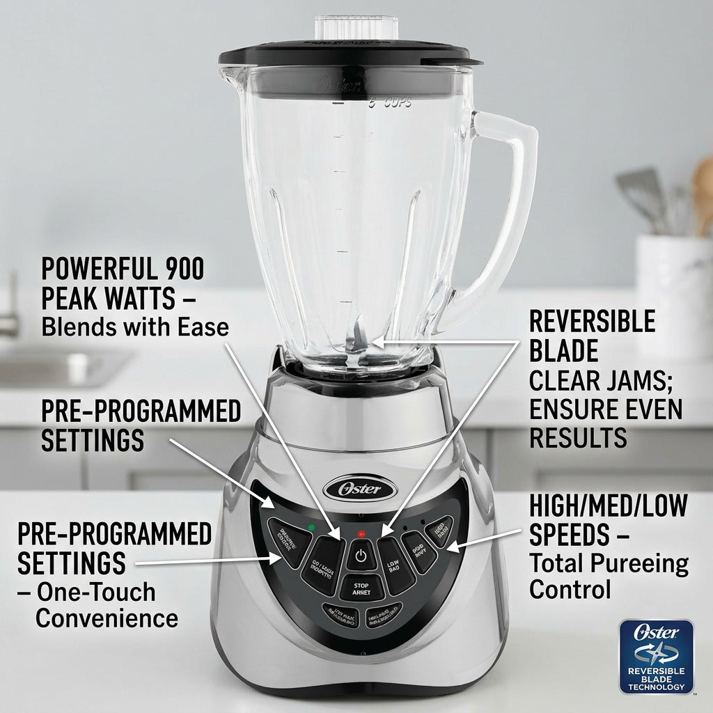 Oster Pro 500 Blender infographic highlighting 900 peak watts, reversible blades, and pre-set controls.