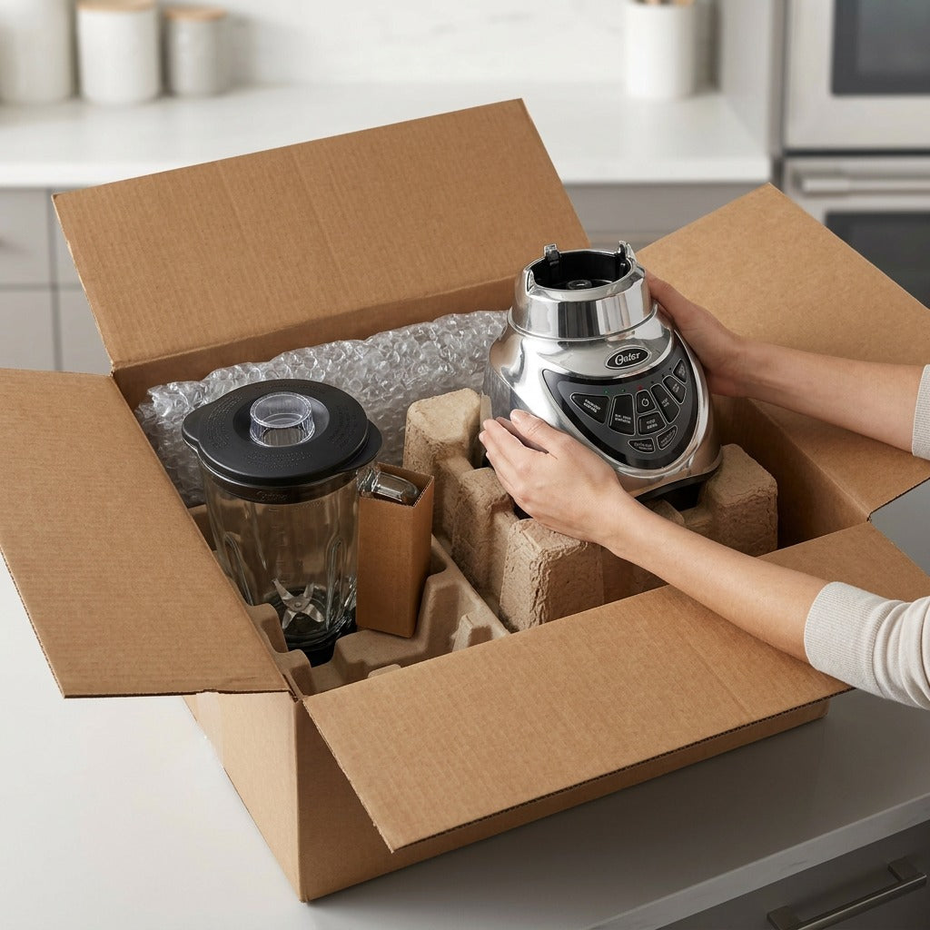 Person unboxing an Oster Pro 500 Blender from a cardboard box with secure molded pulp packaging.