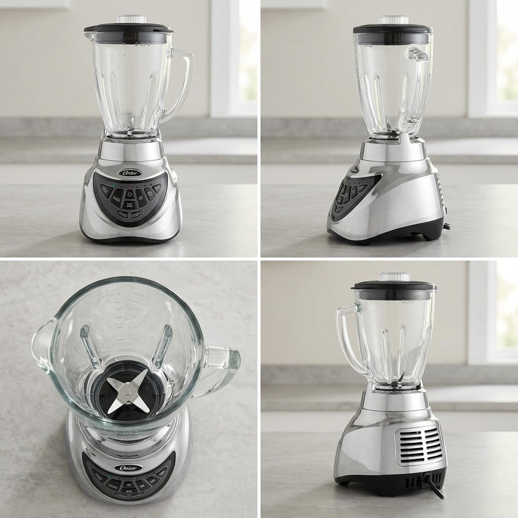 Four views of the Oster Pro 500 Blender showing the front, side, and top-down view of the blades.