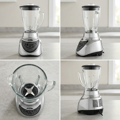 Four views of the Oster Pro 500 Blender showing the front, side, and top-down view of the blades.