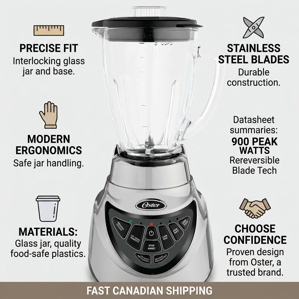 Infographic for Oster Pro 500 Blender showing 900 peak watts, reversible blades, and glass jar.