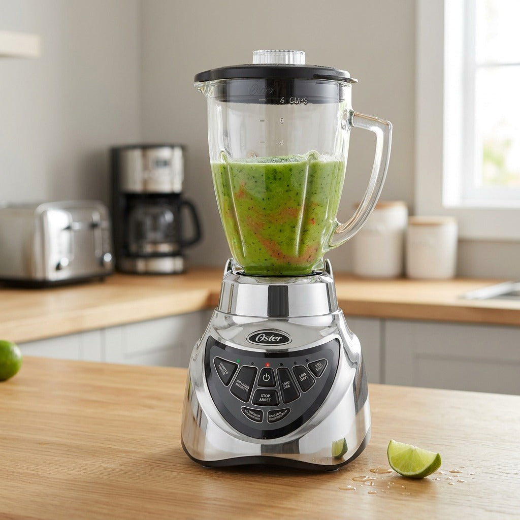 Oster Pro 500 Blender with green smoothie in a glass jar on a bright wooden kitchen counter.