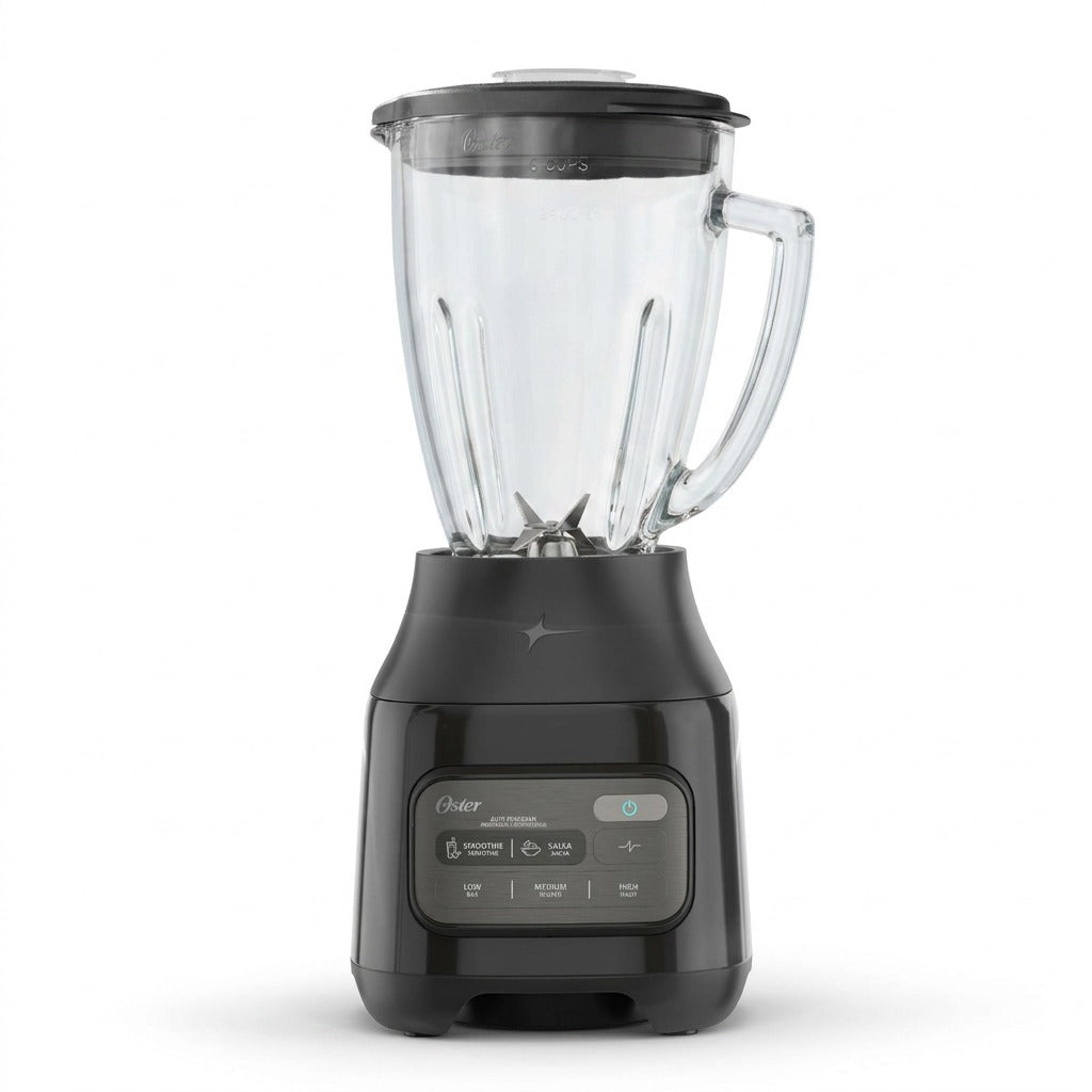Oster One-Touch Blender with 6-cup glass jar and digital soft-touch control panel on a black base.