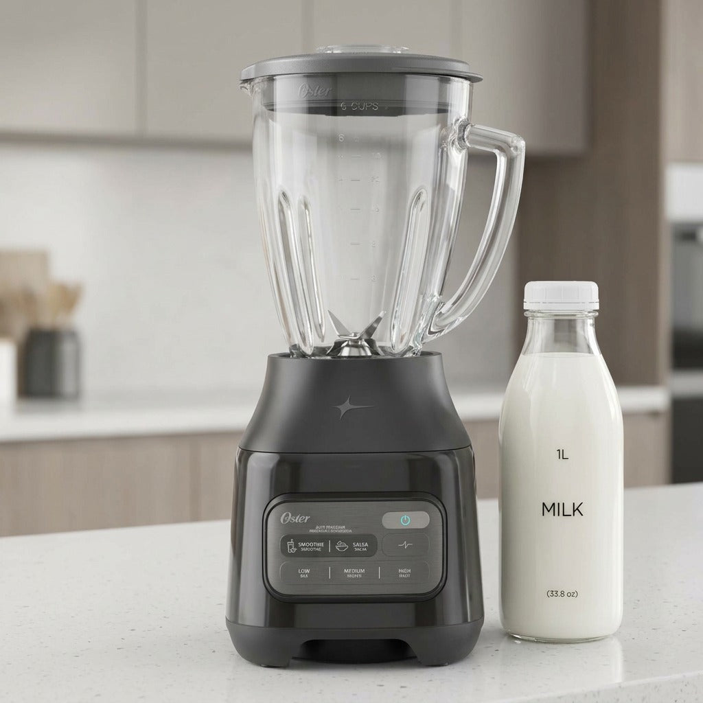 Oster One-Touch 800W Blender with glass jar on a kitchen counter next to a 1L milk bottle for scale.