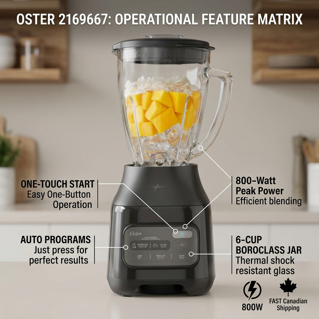 Feature diagram of Oster 2169667 Blender highlighting its 800W motor, glass jar, and auto programs.