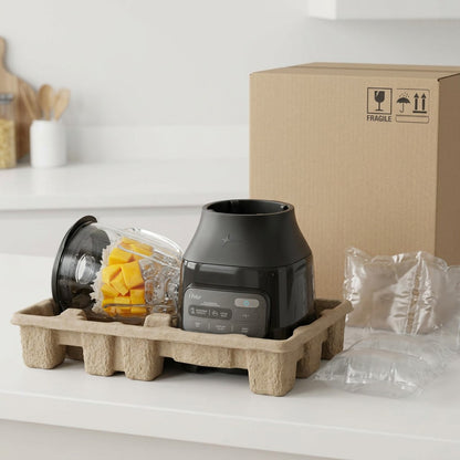 Oster One-Touch Blender neatly unboxed on a counter with secure shipping materials and a fragile box.