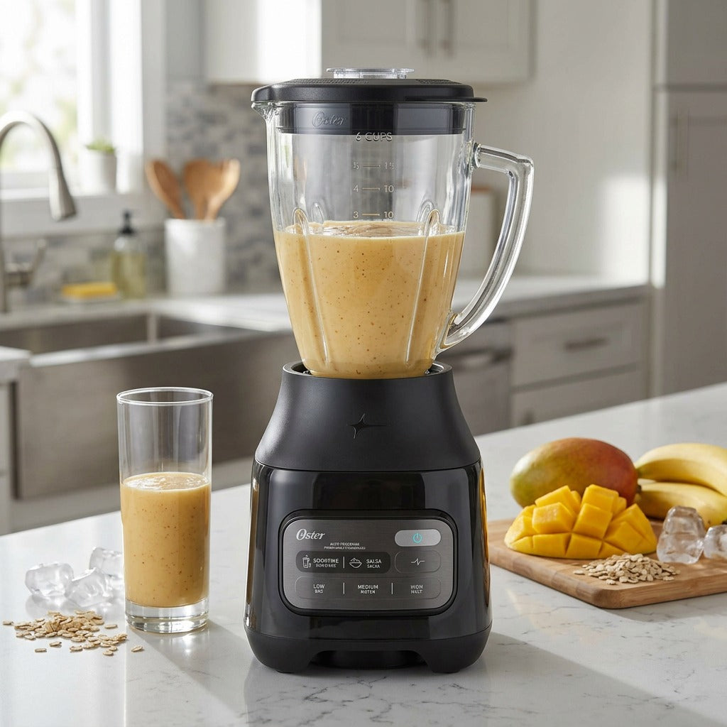 Black Oster One-Touch Blender with Boroclass jar blending a fruit smoothie on a kitchen counter.