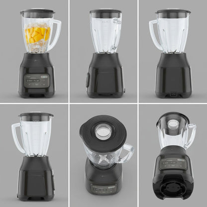 Six-view grid of the black Oster One-Touch Blender with 6-cup glass jar from multiple angles.