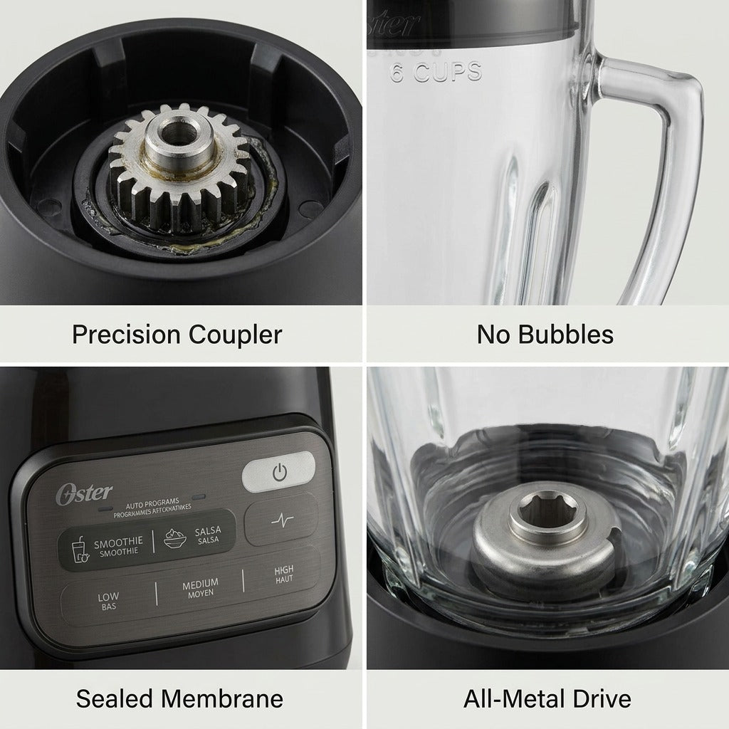 Macro detail views of Oster blender showing the precision coupler, Boroclass jar, and digital panel.