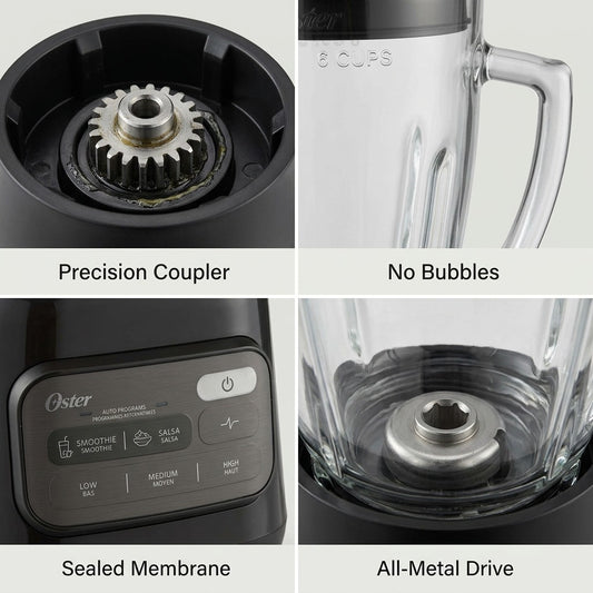Macro detail views of Oster blender showing the precision coupler, Boroclass jar, and digital panel.