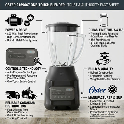 Oster One-Touch Blender infographic highlighting 800W motor, Boroclass glass jar, and Canadian shipping.