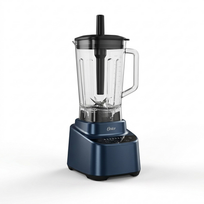 Pure high-resolution hero shot of the Oster 2186681 XL Professional Blender on a perfect white void, showcasing its metallic blue base and large clear jar.