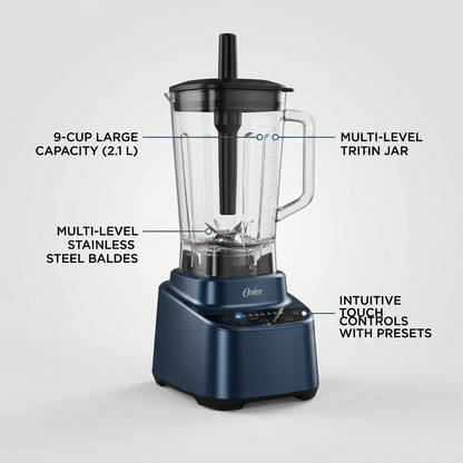 A factual feature callout image highlights the Oster XL blender's key components and materials.
