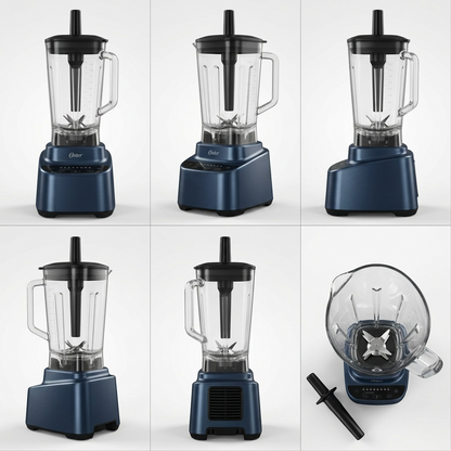 A visual grid showcasing the Oster XL Professional Blender in different, clean angles, including front, side, and rear views.