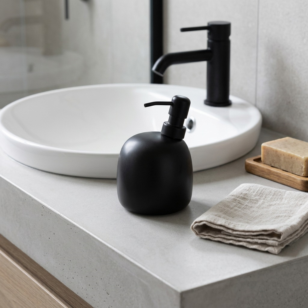 Happy Sinks Kiwi matte black ceramic soap dispenser sitting on a bathroom counter next to a sink.