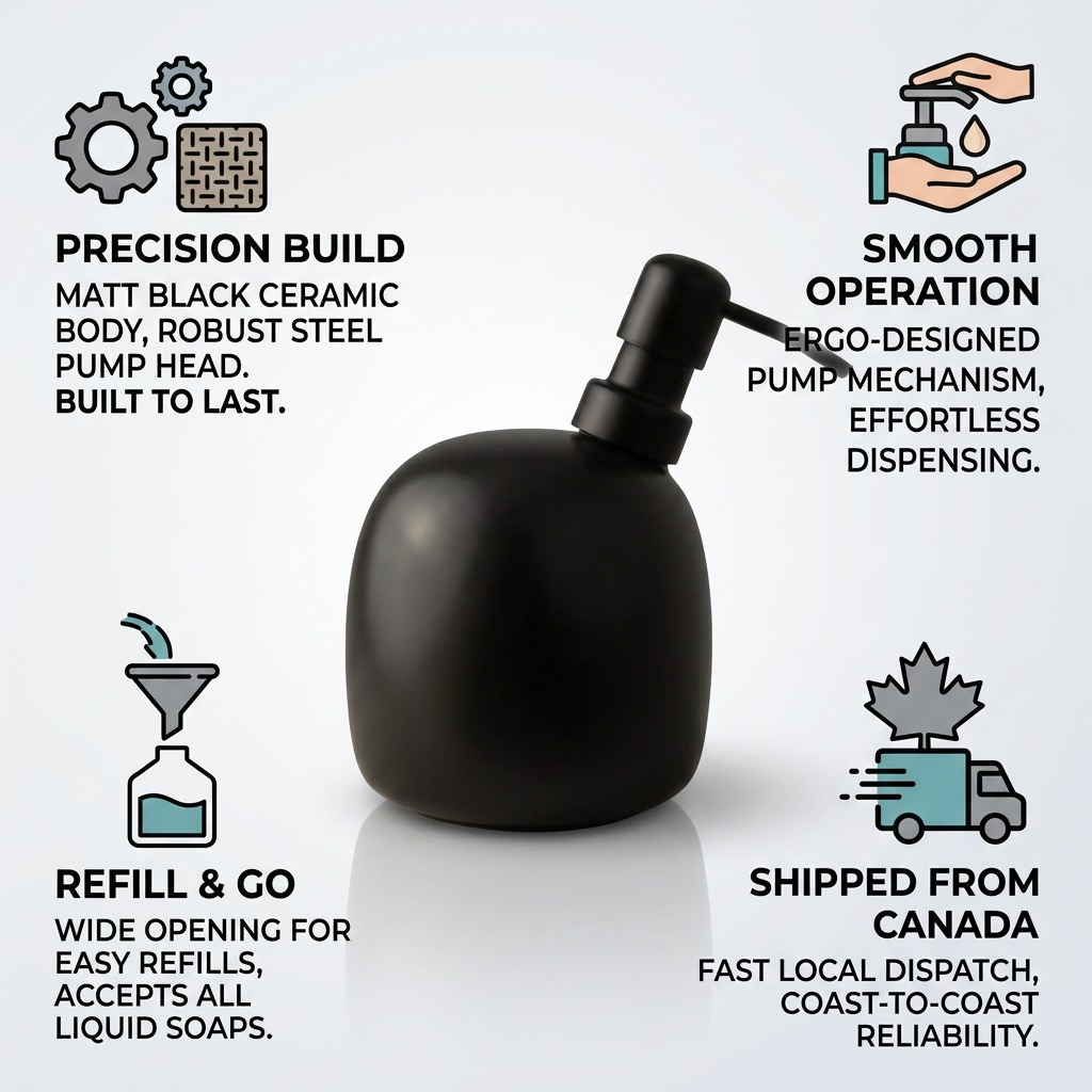 Infographic for Happy Sinks Kiwi matte black ceramic soap dispenser highlighting key features.