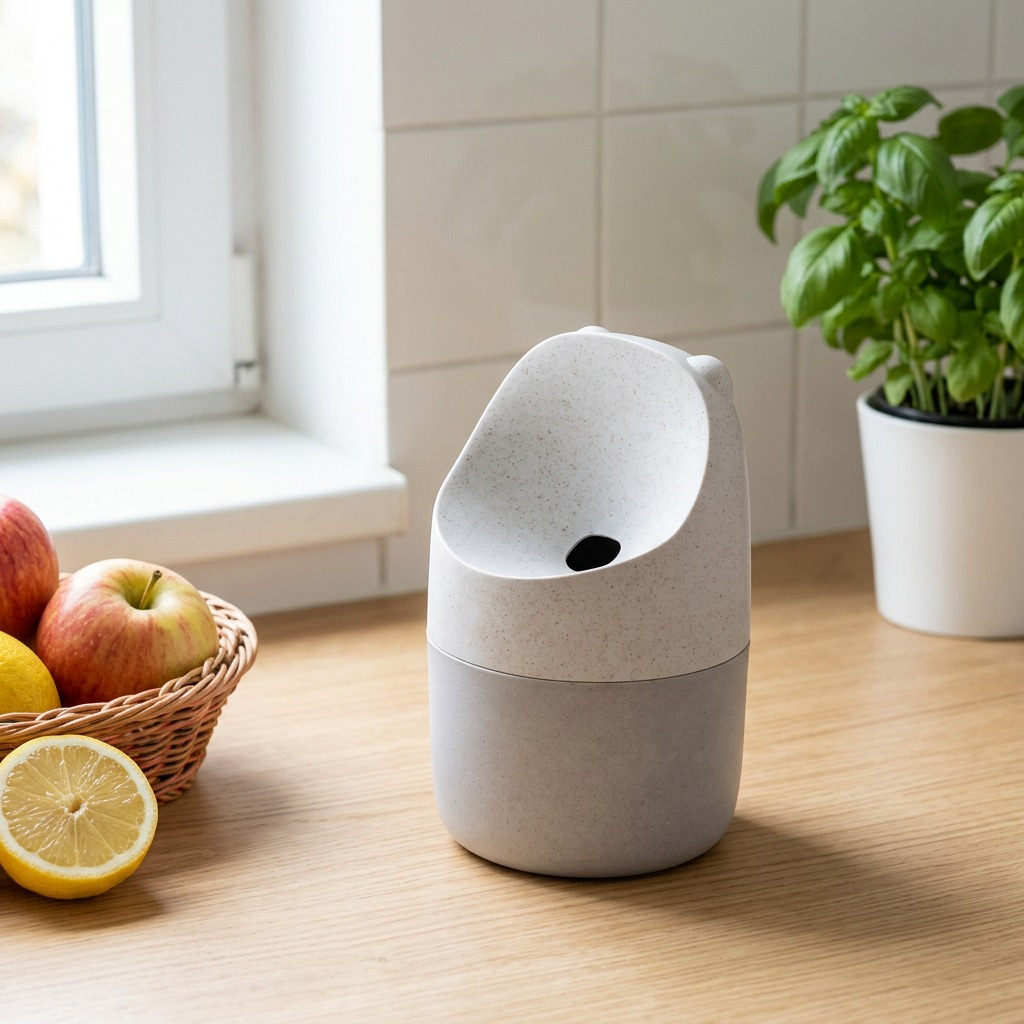 HAPPY SiNKS KONNA Fruit Fly Trap in nature white on a kitchen counter next to fresh fruit and basil
