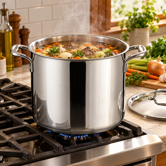 Beef stock with vegetables and herbs simmering in a Tramontina Tri-Ply Base 20 quart stainless steel stock pot on a gas stovetop