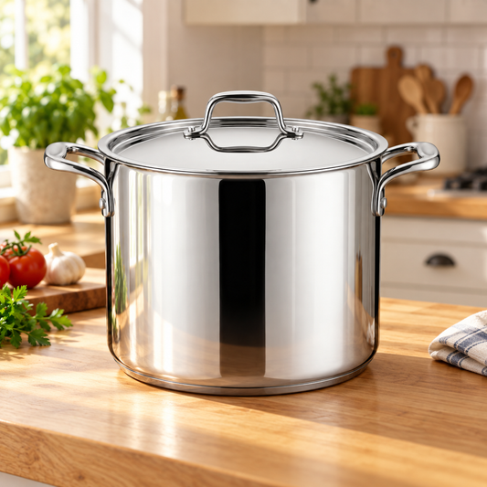 Tramontina Tri-Ply Base 20 quart stainless steel covered stock pot on a wood kitchen counter