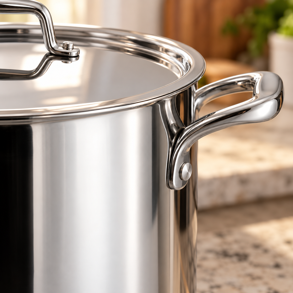 Close-up of the riveted handle on a Tramontina Tri-Ply Base 20 quart stainless steel covered stock pot