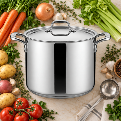 Tramontina Tri-Ply Base 20 quart stainless steel covered stock pot surrounded by vegetables and a ladle