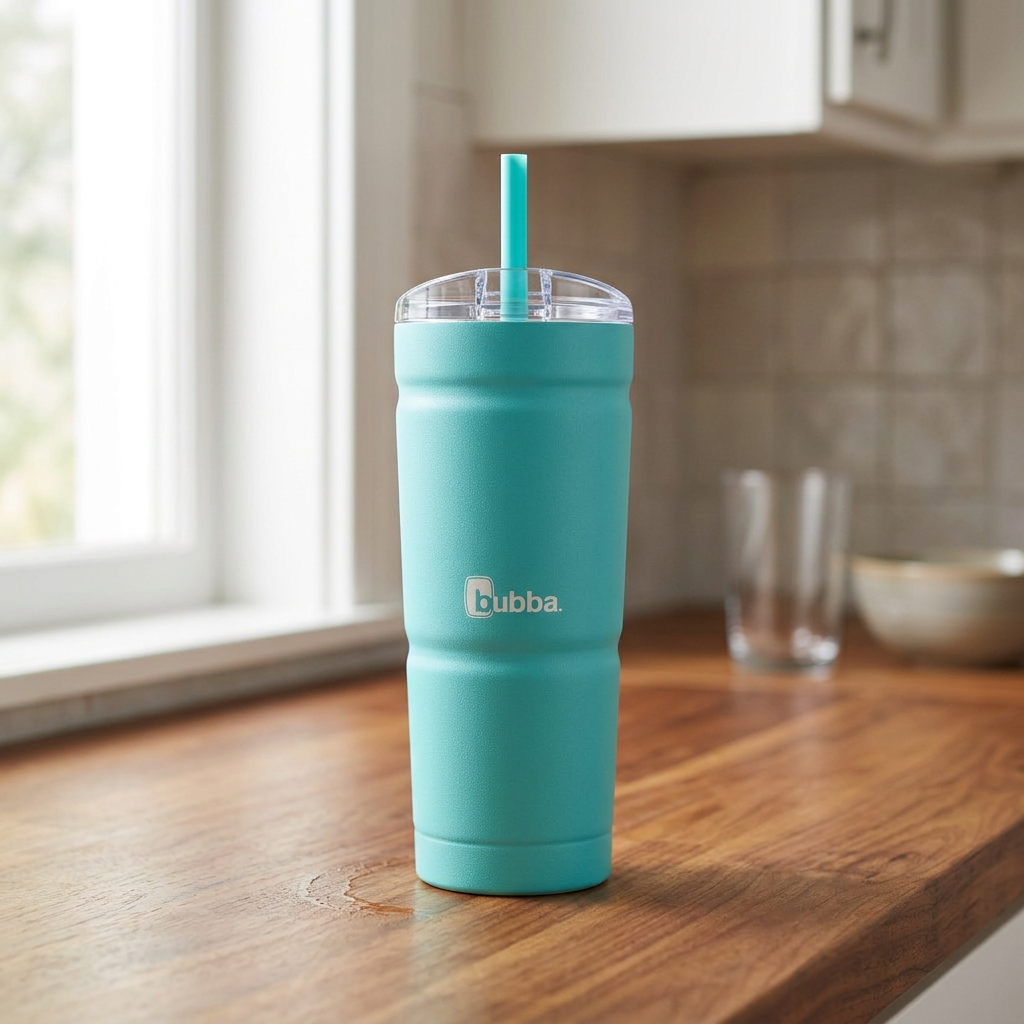bubba Envy S 24oz Tumbler in Scuba on a kitchen counter with straw