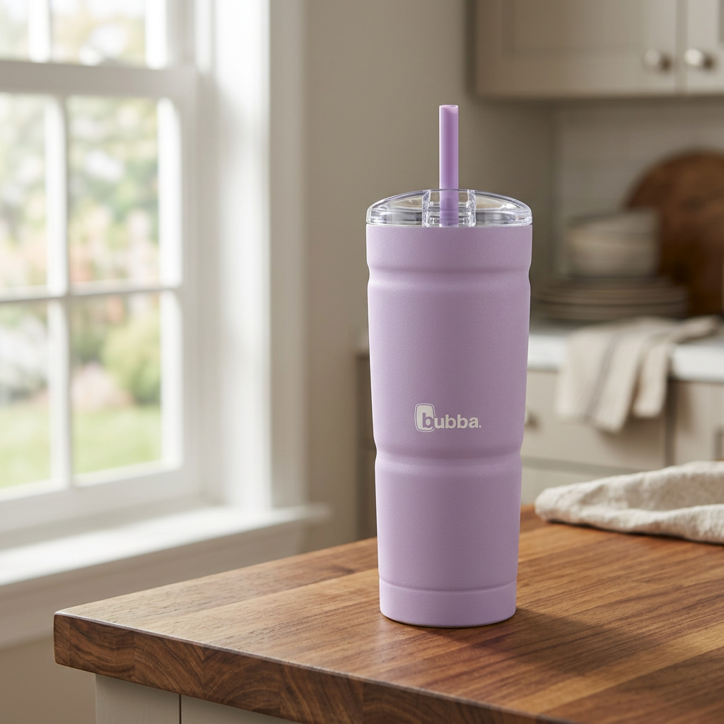bubba Envy S 24oz Tumbler in Lavender Frost on a kitchen counter with straw