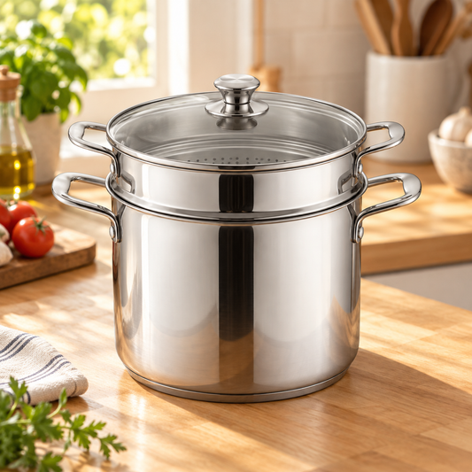 Tramontina Gourmet 3 piece 6 quart stainless steel pasta cooker with strainer insert and glass lid on a wood kitchen counter
