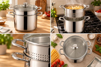 Four views of a Tramontina Gourmet 3 piece 6 quart stainless steel pasta cooker: on the counter, cooking penne with steam and draining water, close-up of the perforated strainer insert, and a flat-lay with dry spaghetti and tomatoes