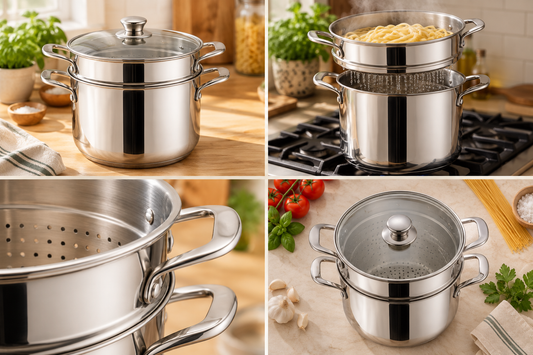 Four views of a Tramontina Gourmet 3 piece 6 quart stainless steel pasta cooker: on the counter, cooking spaghetti with steam, close-up of the perforated strainer insert, and a flat-lay with tomatoes, garlic and parsley