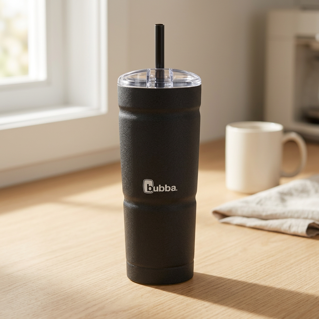 bubba Envy S 24oz Tumbler in Licorice on a kitchen counter with straw