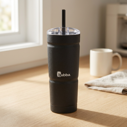 bubba Envy S 24oz Tumbler in Licorice on a kitchen counter with straw