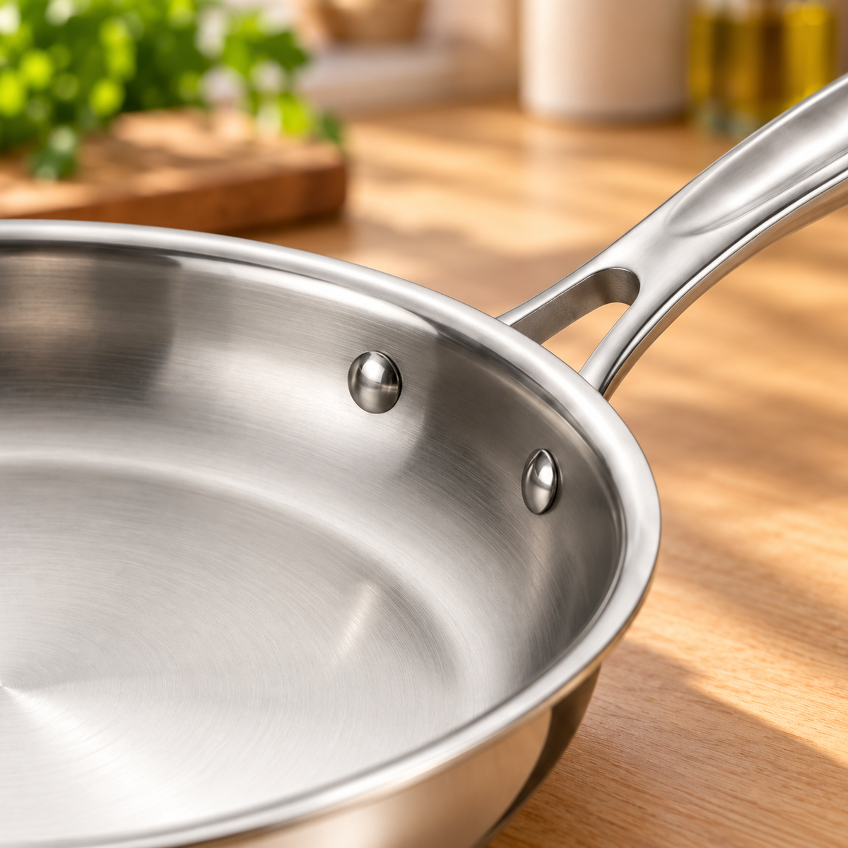 Close-up of the riveted handle on a Tramontina Signature Tri-Ply 8 inch stainless steel fry pan
